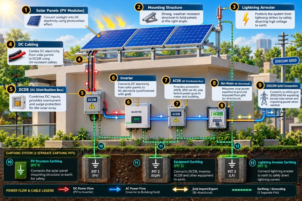 Architectural cutaway of residential solar rooftop with inverter, net meter, grid pole and three subterranean earthing pits